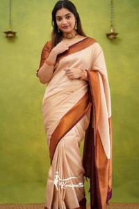 Copper Border Banarasi Soft Silk Saree in Cream, Rama and Yellow with Zari Lined Blouse  in Surat