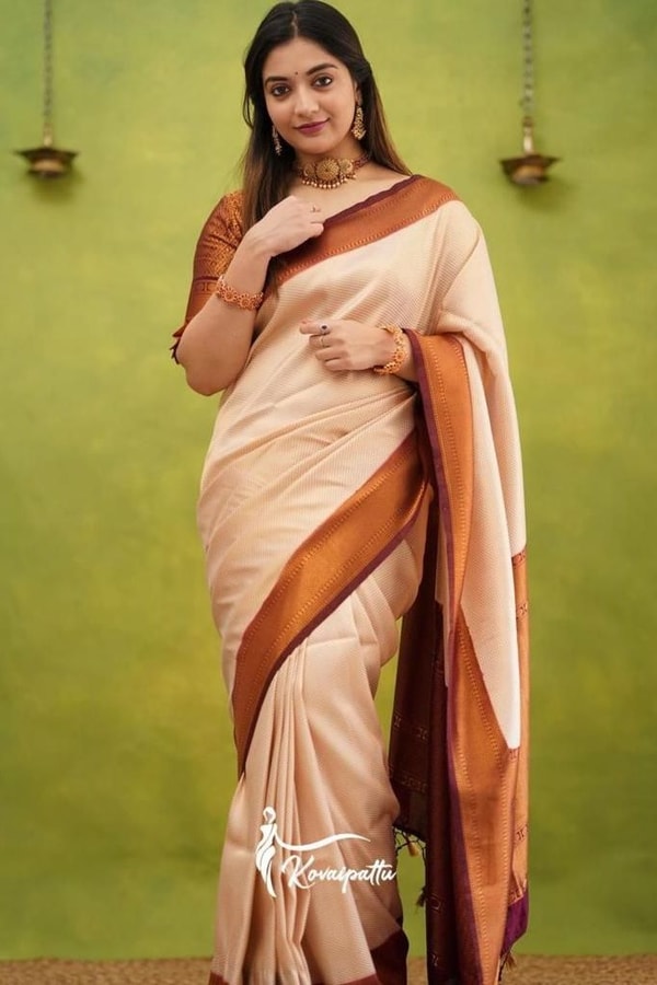 Copper Border Banarasi Soft Silk Saree in Cream, Rama and Yellow with Zari Lined Blouse  in Surat