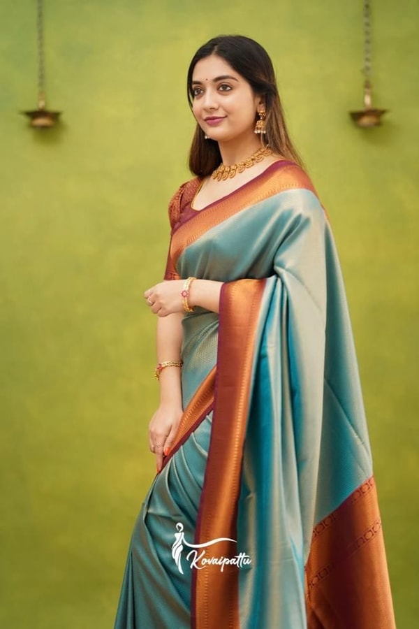 Copper Border Banarasi Soft Silk Saree in Cream, Rama and Yellow with Zari Lined Blouse  in Surat