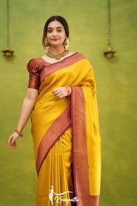 Copper Border Banarasi Soft Silk Saree in Cream, Rama and Yellow with Zari Lined Blouse  in Surat