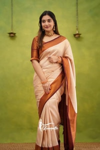 Copper Border Banarasi Soft Silk Saree in Cream, Rama and Yellow with Zari Lined Blouse  in Surat