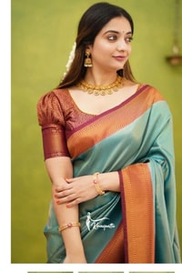 Copper Border Banarasi Soft Silk Saree in Cream, Rama and Yellow with Zari Lined Blouse  in Surat