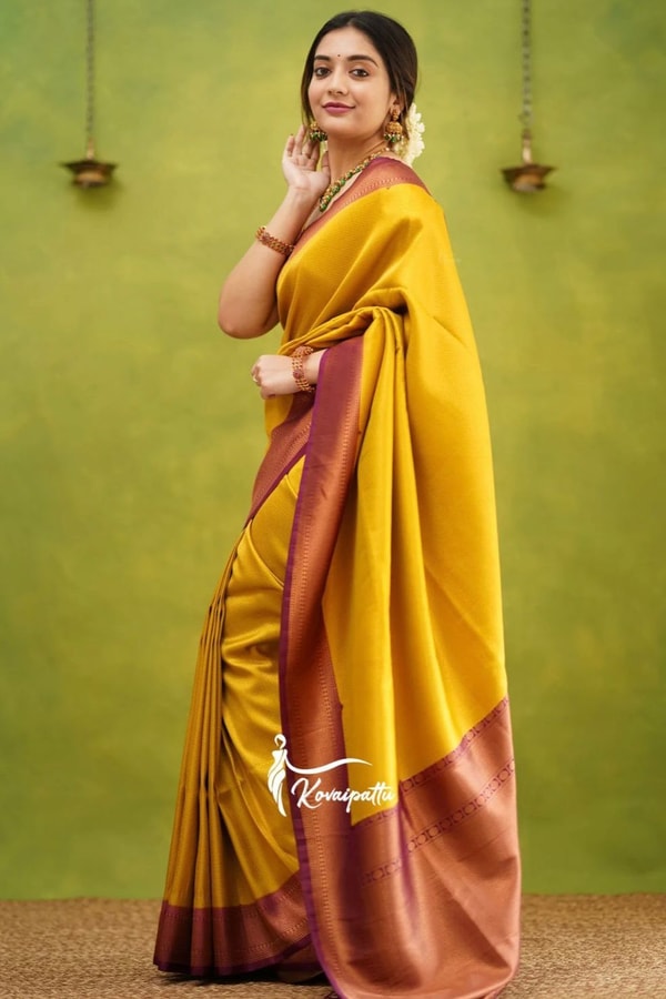 Copper Border Banarasi Soft Silk Saree in Cream, Rama and Yellow with Zari Lined Blouse  in Surat