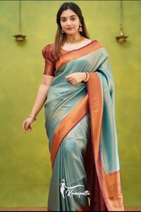 Copper Border Banarasi Soft Silk Saree in Cream, Rama and Yellow with Zari Lined Blouse  in Surat