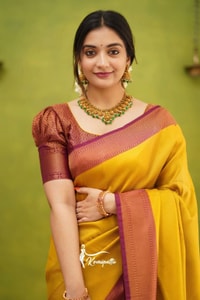 Copper Border Banarasi Soft Silk Saree in Cream, Rama and Yellow with Zari Lined Blouse  in Surat