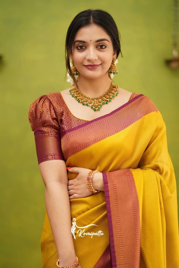 Copper Border Banarasi Soft Silk Saree in Cream, Rama and Yellow with Zari Lined Blouse  in Surat