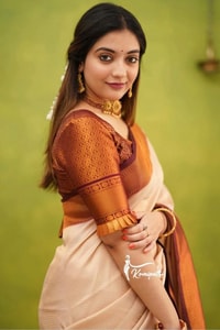 Copper Border Banarasi Soft Silk Saree in Cream, Rama and Yellow with Zari Lined Blouse  in Surat