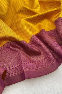 Copper Border Banarasi Soft Silk Saree in Cream, Rama and Yellow with Zari Lined Blouse  in Surat