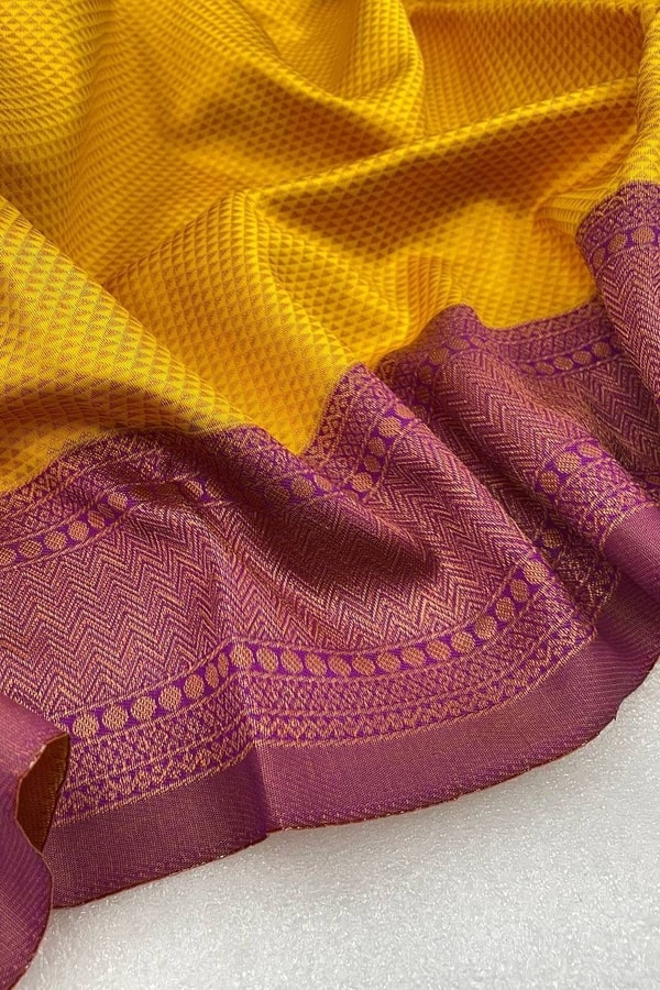 Copper Border Banarasi Soft Silk Saree in Cream, Rama and Yellow with Zari Lined Blouse  in Surat