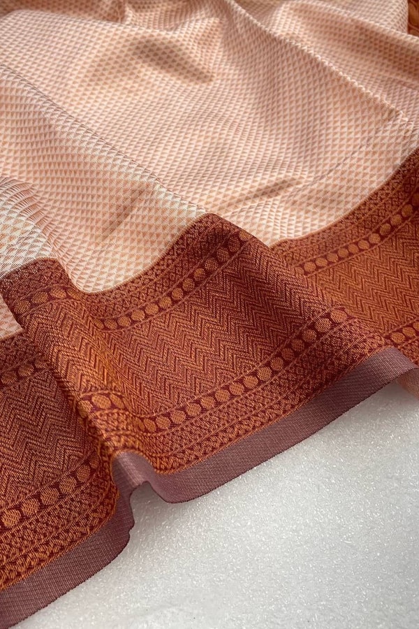 Copper Border Banarasi Soft Silk Saree in Cream, Rama and Yellow with Zari Lined Blouse  in Surat