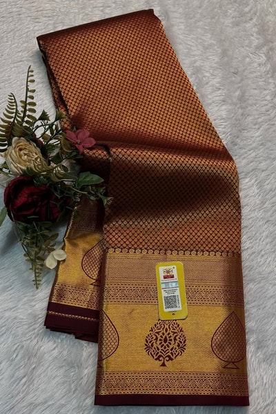 Copper Brown Banarasi Soft Silk Saree with Fine Zari Weave and Gold Butta Pallu in Surat