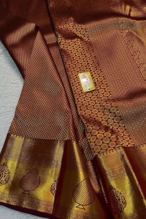 Copper Brown Banarasi Soft Silk Saree with Fine Zari Weave and Gold Butta Pallu  in Surat