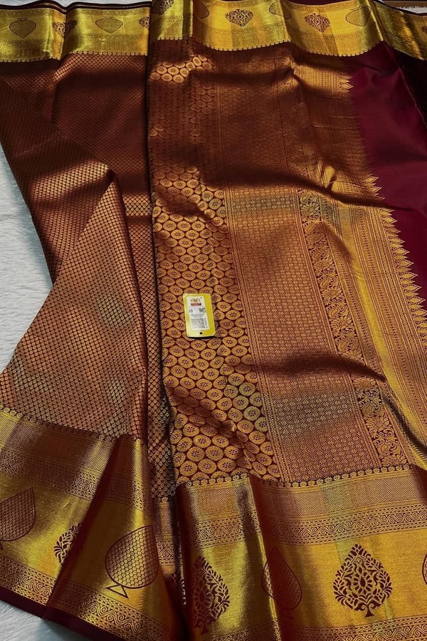 Copper Brown Banarasi Soft Silk Saree with Fine Zari Weave and Gold Butta Pallu  in Surat