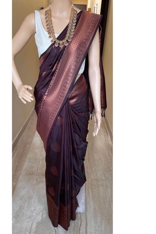 Copper Zari Brocade Banarasi Soft Silk Saree with Medallion Motif Pallu in Five Rich Shades  in Surat