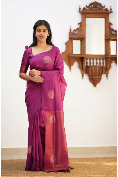 Copper Zari Butta Banarasi Soft Silk Saree in Magenta, Navy, Onion Pink and Peach Pink in Surat