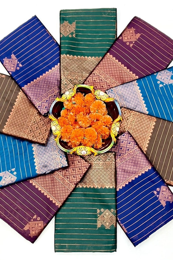 Copper Zari Checks Banarasi Soft Silk Saree in Blue, Coffee, Green, Rama and Wine  in Surat