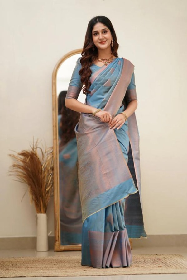 Copper Zari Weaving Banarasi Soft Silk Saree with Grand Pallu in Four Soft Pastel Shades  in Surat