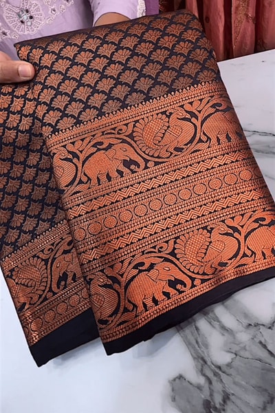 Copper Zari Woven Banarasi Soft Silk Saree in Rust Tones with Contrast Navy Blue Blouse in Surat