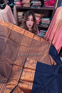 Copper Zari Woven Banarasi Soft Silk Saree in Rust Tones with Contrast Navy Blue Blouse  in Surat
