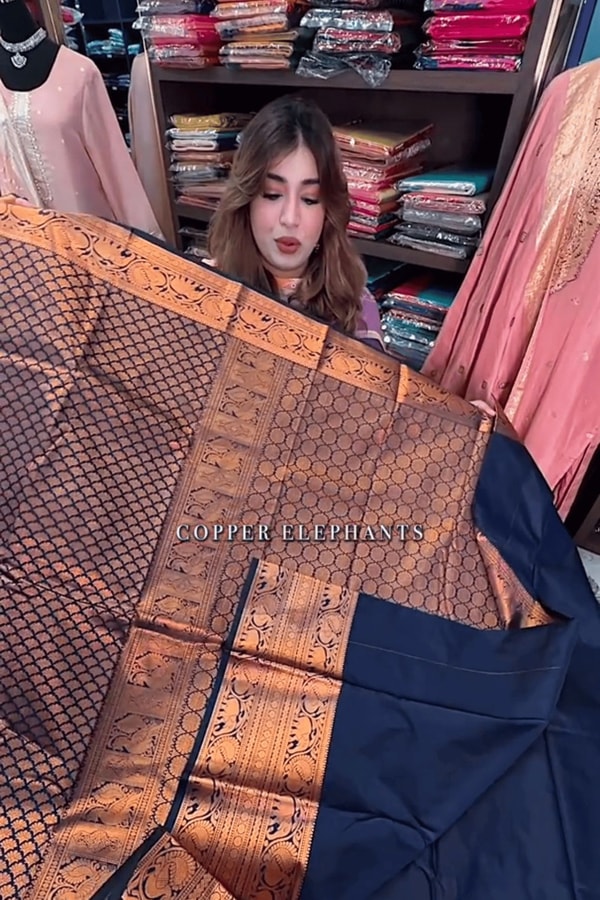 Copper Zari Woven Banarasi Soft Silk Saree in Rust Tones with Contrast Navy Blue Blouse  in Surat