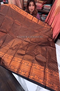 Copper Zari Woven Banarasi Soft Silk Saree in Rust Tones with Contrast Navy Blue Blouse  in Surat