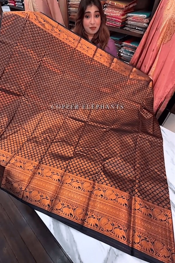 Copper Zari Woven Banarasi Soft Silk Saree in Rust Tones with Contrast Navy Blue Blouse  in Surat