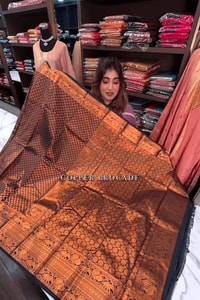Copper Zari Woven Banarasi Soft Silk Saree in Rust Tones with Contrast Navy Blue Blouse  in Surat