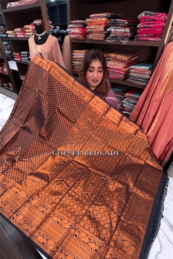 Copper Zari Woven Banarasi Soft Silk Saree in Rust Tones with Contrast Navy Blue Blouse  in Surat