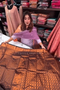 Copper Zari Woven Banarasi Soft Silk Saree in Rust Tones with Contrast Navy Blue Blouse  in Surat