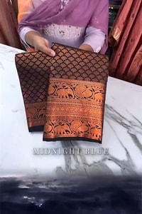 Copper Zari Woven Banarasi Soft Silk Saree in Rust Tones with Contrast Navy Blue Blouse  in Surat video 1