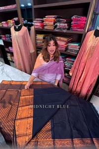 Copper Zari Woven Banarasi Soft Silk Saree in Rust Tones with Contrast Navy Blue Blouse  in Surat video 2