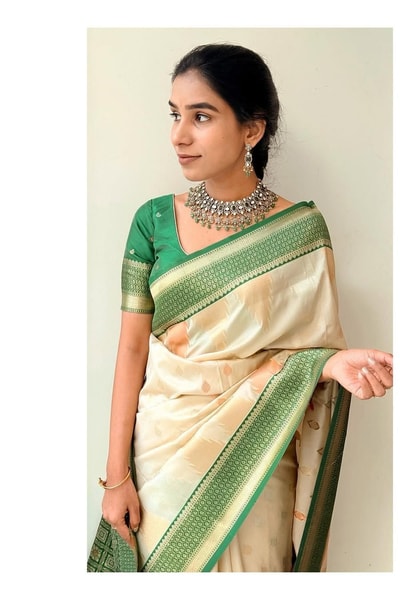 Cream Banarasi Soft Silk Saree with Contrast Green or Pink Zari Border and Pallu in Surat