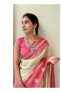 Cream Banarasi Soft Silk Saree with Contrast Green or Pink Zari Border and Pallu  in Surat