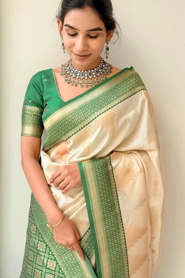 Cream Banarasi Soft Silk Saree with Contrast Green or Pink Zari Border and Pallu  in Surat