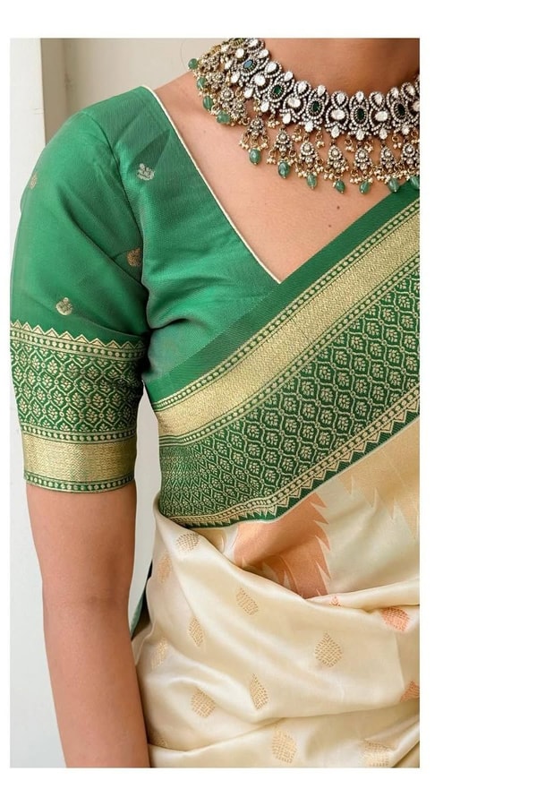 Cream Banarasi Soft Silk Saree with Contrast Green or Pink Zari Border and Pallu  in Surat