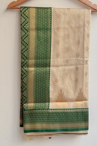 Cream Banarasi Soft Silk Saree with Contrast Green or Pink Zari Border and Pallu  in Surat
