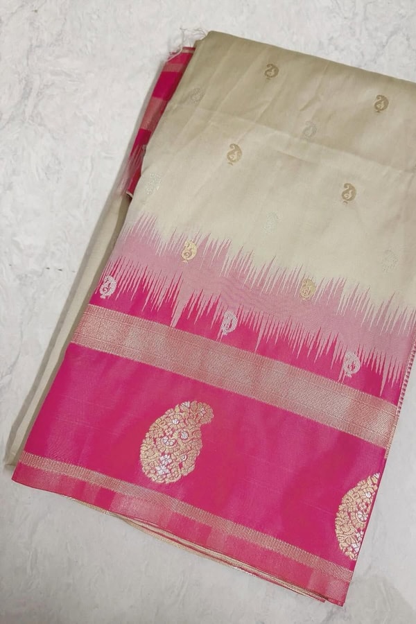 Cream Banarasi Soft Silk Saree with Contrast Green or Pink Zari Border and Pallu  in Surat
