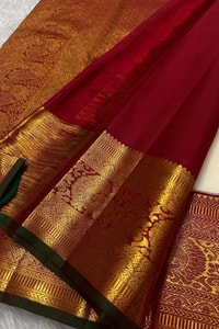 Cream Banarasi Soft Silk Saree with Gold Leaf Buttas and Maroon Zari Border and Pallu  in Surat
