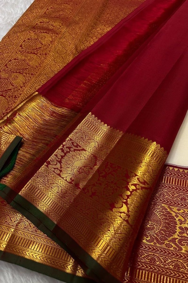 Cream Banarasi Soft Silk Saree with Gold Leaf Buttas and Maroon Zari Border and Pallu  in Surat