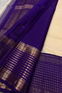 Cream Banarasi Soft Silk Saree with Gold Leaf Buttas and Wide Violet Zari Striped Border  in Surat