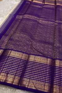 Cream Banarasi Soft Silk Saree with Gold Leaf Buttas and Wide Violet Zari Striped Border  in Surat