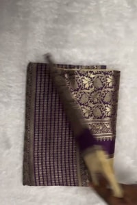 Cream Banarasi Soft Silk Saree with Gold Leaf Buttas and Wide Violet Zari Striped Border  in Surat video 1