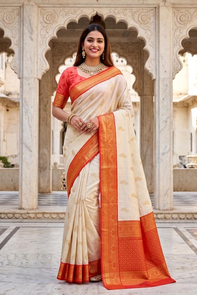 Cream Banarasi Soft Silk Saree with Gold Zari Buttas and Contrast Maroon Zari Border in Surat