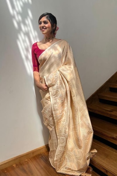 Cream Gold Banarasi Soft Silk Saree with Self Zari Vertical Lines and Woven Pallu in Surat