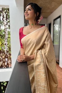 Cream Gold Banarasi Soft Silk Saree with Self Zari Vertical Lines and Woven Pallu  in Surat