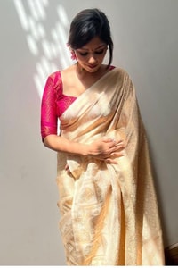 Cream Gold Banarasi Soft Silk Saree with Self Zari Vertical Lines and Woven Pallu  in Surat