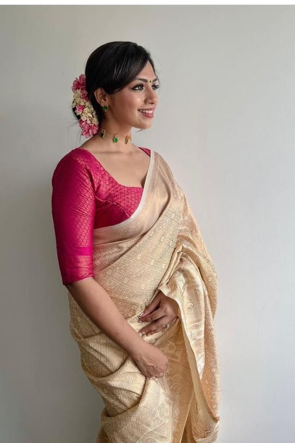 Cream Gold Banarasi Soft Silk Saree with Self Zari Vertical Lines and Woven Pallu  in Surat