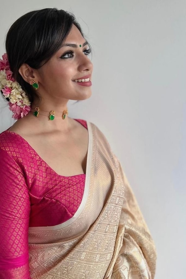 Cream Gold Banarasi Soft Silk Saree with Self Zari Vertical Lines and Woven Pallu  in Surat