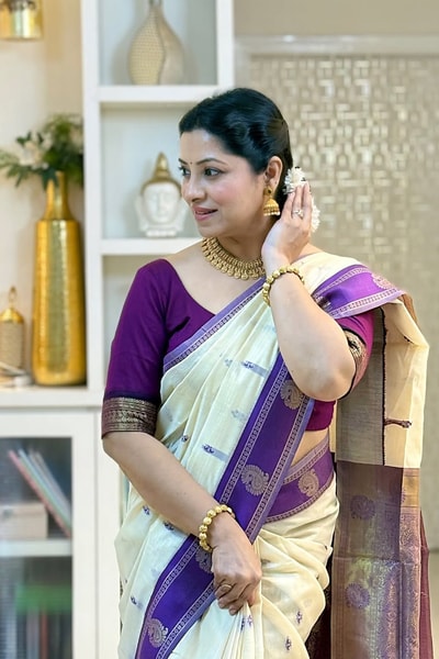 Cream Soft Cotton Saree with Purple Jacquard Border and Woven Butti Body in Surat