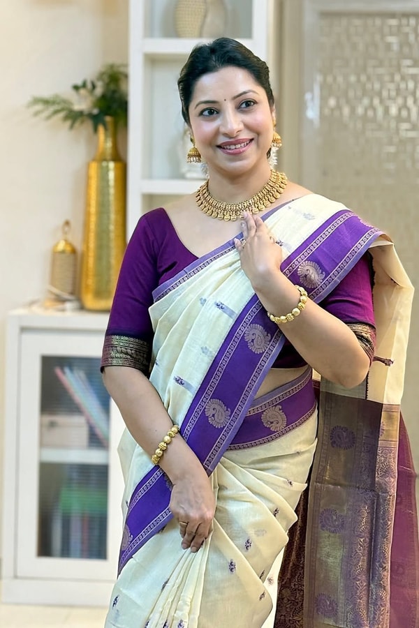 Cream Soft Cotton Saree with Purple Jacquard Border and Woven Butti Body  in Surat